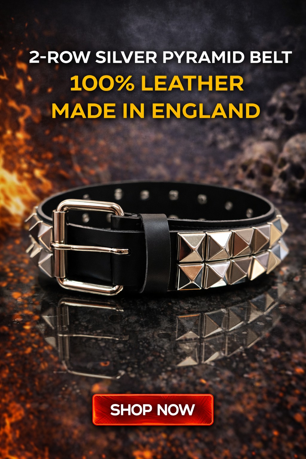 Kožený 2-radový pyramid opasok 38mm, strieborný