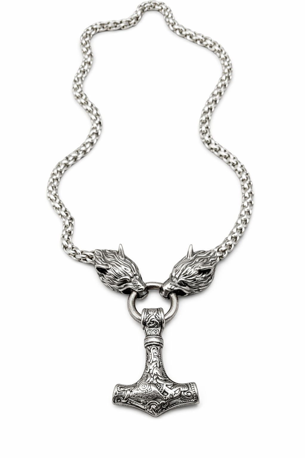 Náhrdelník z ocele – Viking Mjolnir s vlkmi