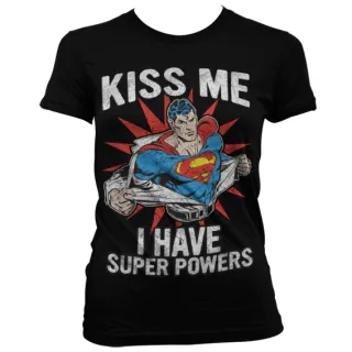 Dámske tričko Superman - Kiss Me - I Have Super Powers (Čierne)