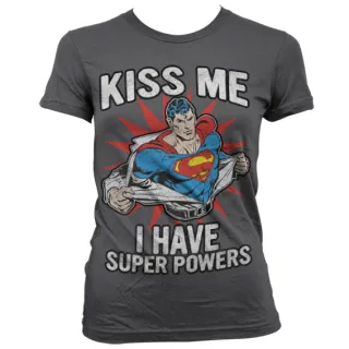 Dámske tričko Superman - Kiss Me - I Have Super Powers (Šedé)